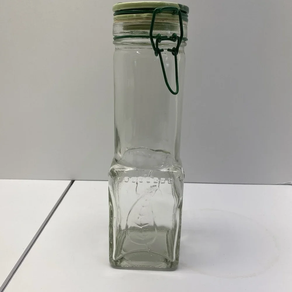 Vintage Glass Square & Round With Wire Bail @Clamp Bottle w/ Green‎ Leaf Cap